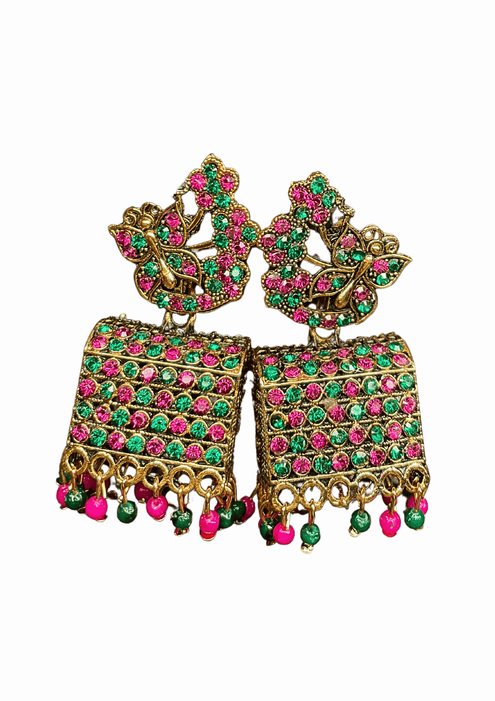 Peacock Motif Ruby & Emerald Jhumka Earings